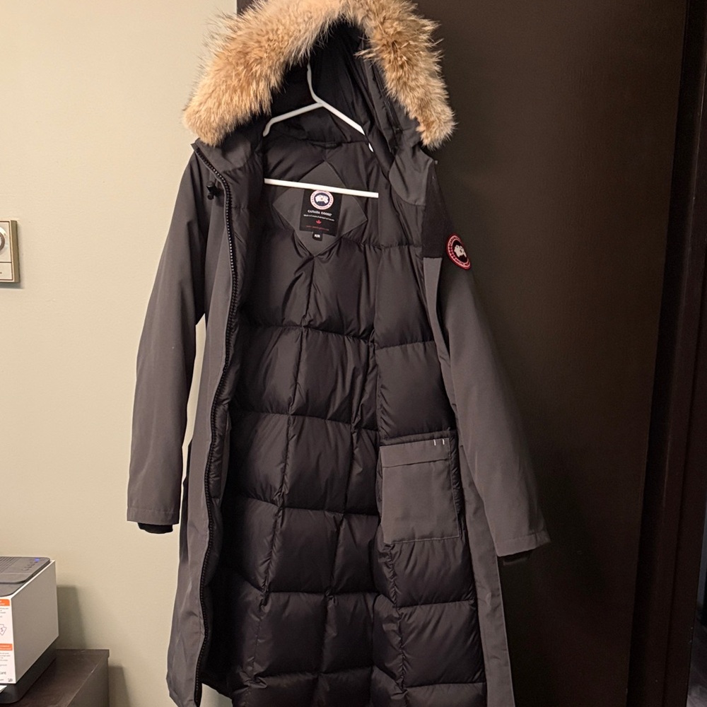 Canada Goose Long Dark Grey Puffer Coat with Fur Trim Hood